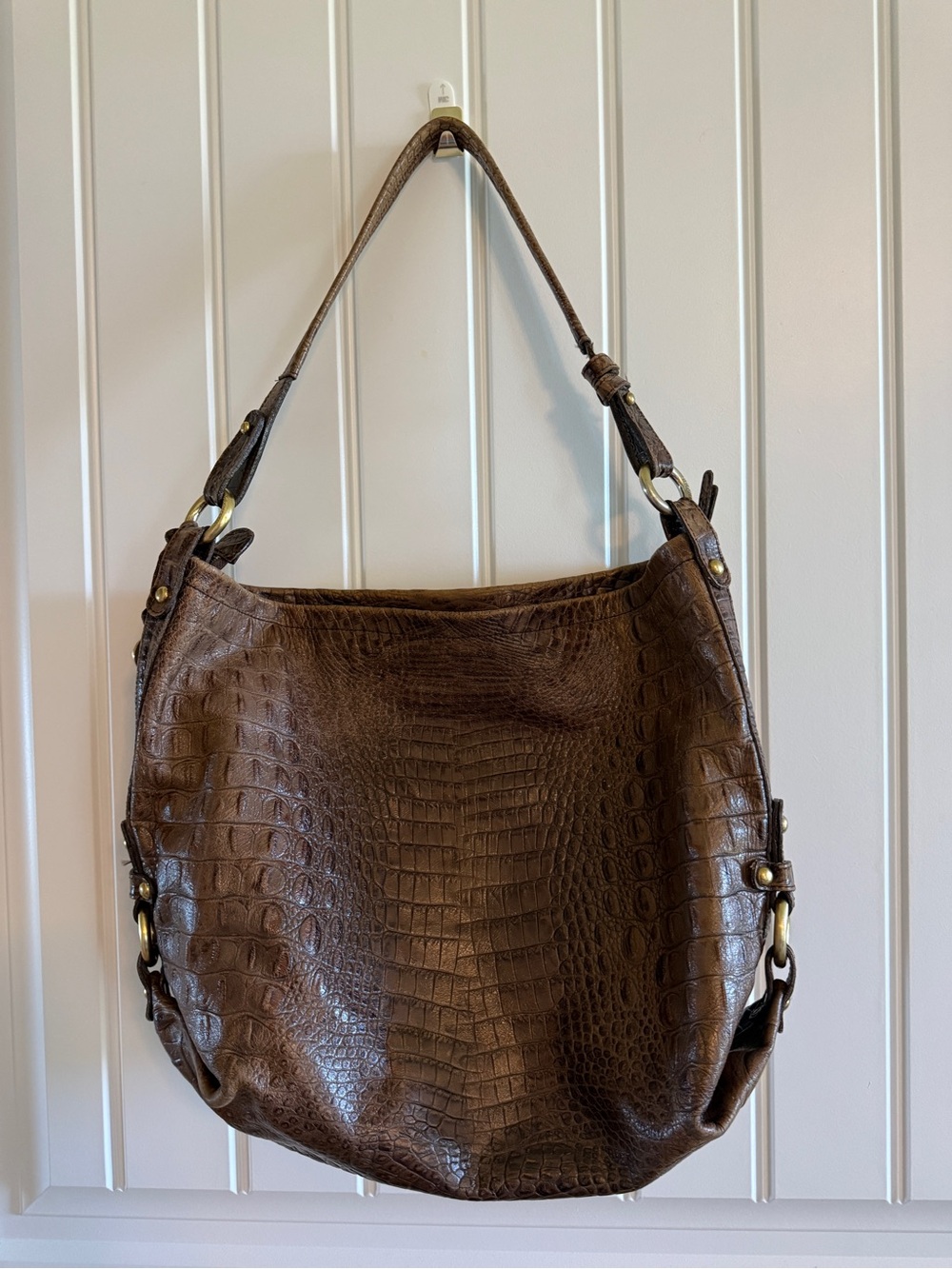 Brahmin Croc-Embossed Dark Brown Leather Hobo Bag